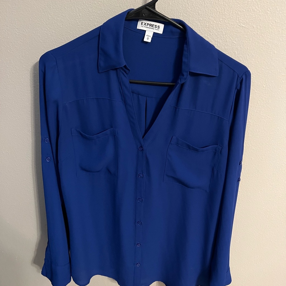 Express Blue Short Sleeve Button Down Shirt with Mandarin Collar